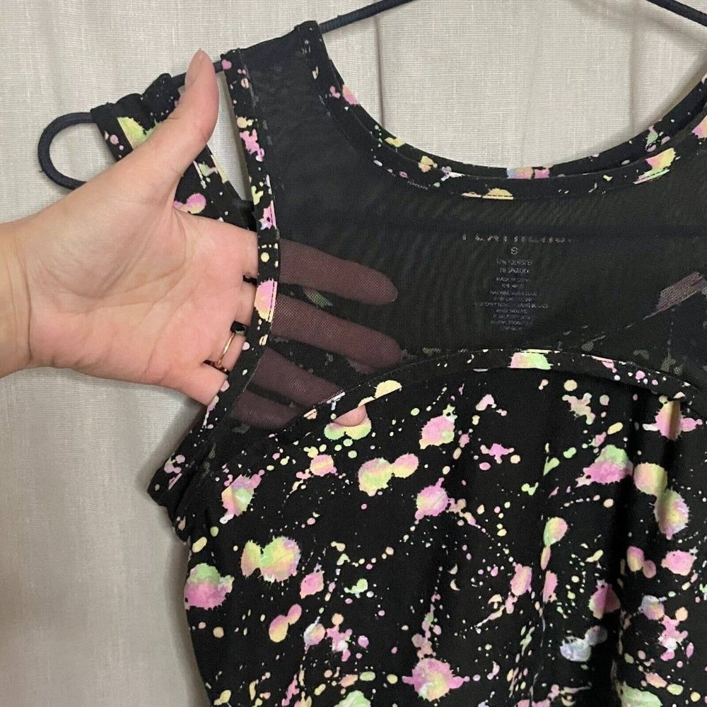 Feathers Women's Black & Neon Splatter Print Cropped Tank, Mesh & Fabric Sz S - Picture 6 of 10